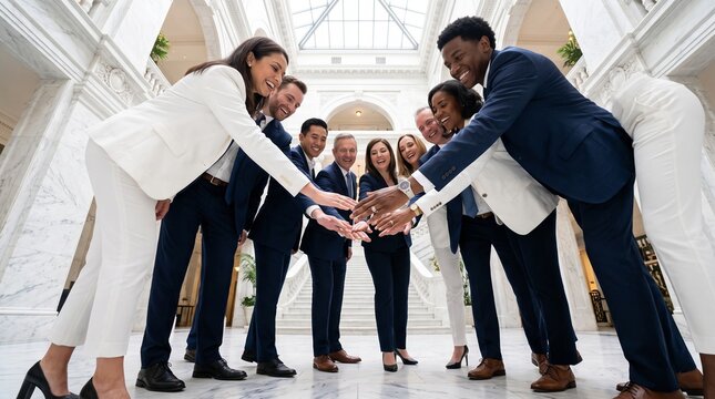 A diverse group of professionals in white suits and blazers are huddled together in a circle, with their hands joined in a gesture of unity and teamwork