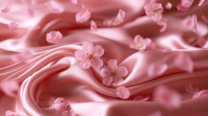 Obraz premium Soft pink silk draped elegantly with delicate falling cherry blossoms