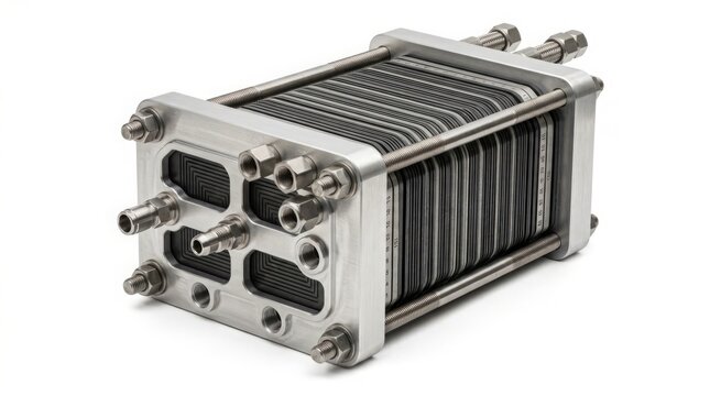 Fuel cell stack assembly features polished metallic plates and stainless steel bolts arranged in a precise industrial configuration to represent clean energy production technology advancements.