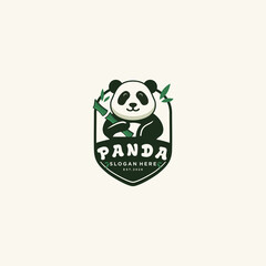 A charming, vintage-style badge logo featuring a friendly panda holding a stalk of green bamboo © arifin