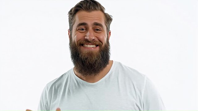 Bearded man laughing heartily in studio against white background