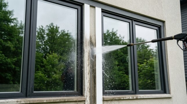 Pressure washer cleaning modern house exterior, removing stubborn dirt and grime from white wall and window frames.