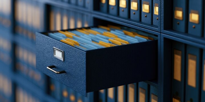 A drawer of blue and yellow folders is pulled open in a dark blue shelving unit