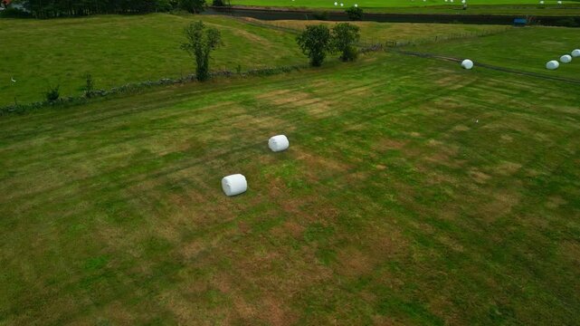 Round straw bales wrapped in stretch film are arranged in a grassy field, showcasing the gradual increase in quantity and positioning across the frames