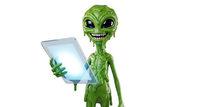 Green Alien Holding Futuristic Tablet, Sci-Fi Character with Transparent Background