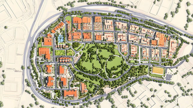 Top down city plan layout with zones and color coded areas.