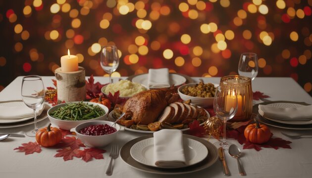 Festive Thanksgiving dinner table setting, roasted turkey and side dishes, cozy candlelit holiday feast with bokeh lights