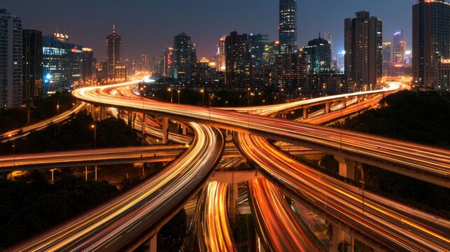 Streaking car lights create a dynamic glow over an intricate multi-level highway interchange at night