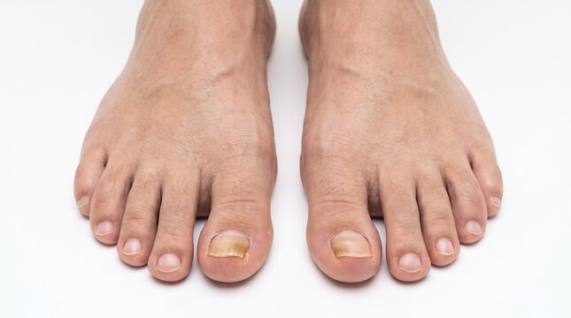 Human feet showing visible signs of fungal nail infection on both big toes isolated against a clean plain white background