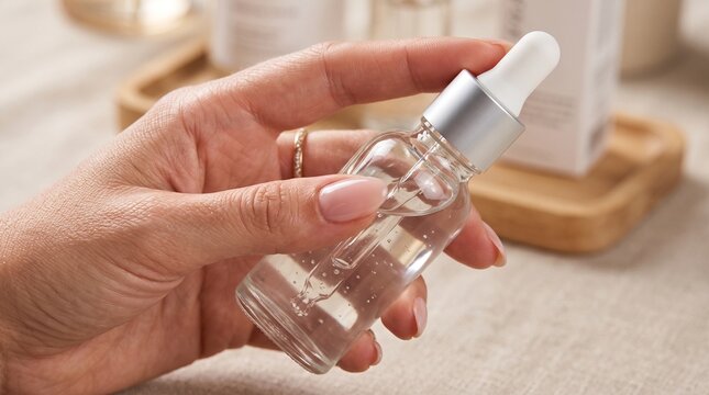 Human hand holding small glass bottle containing clear serum with dropper lid for skincare beauty routine and facial health treatment
