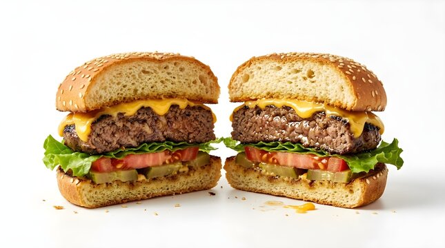 Two halves of a juicy cheeseburger with beef patty, melted cheese, lettuce, and tomato on white.