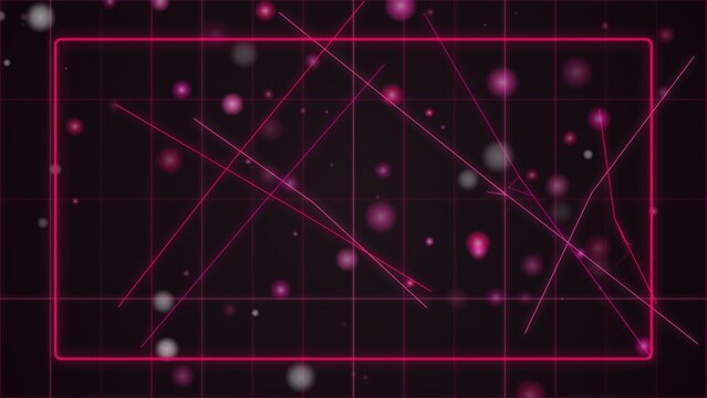 Pink neon rectangular frame overlaid on a dark grid with floating spheres and intersecting lines