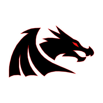 Sharp black dragon head with red glowing eyes and wing silhouette. Perfect for fantasy gaming logos, esports team emblems, t-shirt graphics, and tattoo designs.