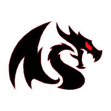 Sharp black dragon silhouette with open jaws, red glowing eyes, and a bold wing design. Perfect for esports gaming logos, fantasy emblems, tribal tattoos, and athletic apparel branding.