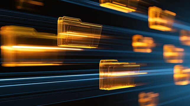 Glowing digital folders stream rapidly across a futuristic, data-filled network