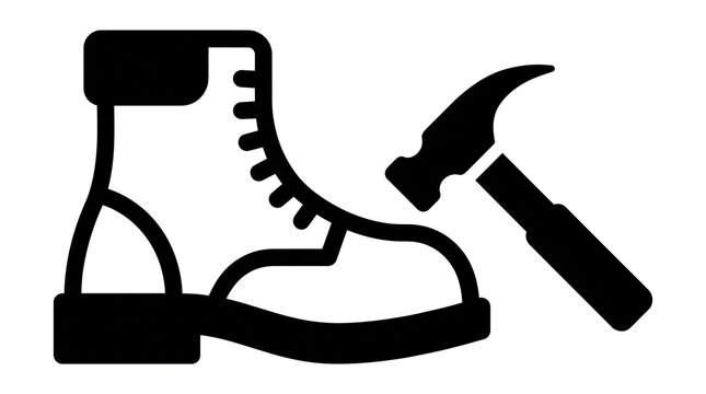 Black silhouette icon of a sturdy work boot and a metal hammer for construction and repair concepts