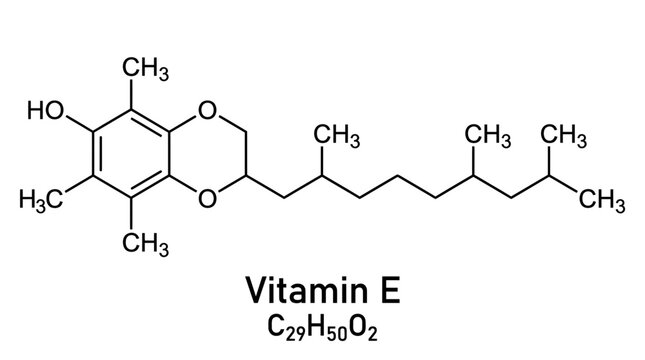 Vitamin E chemical structure diagram showcasing molecular bonds with black ink lines on white background