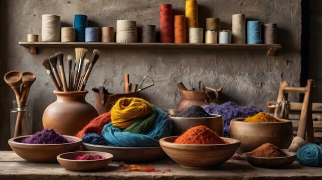 Traditional Fabric Dyeing Workshop with Colorful Textile Materials