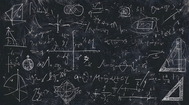 Hand-rendered educational sketches and geometric equations against a textured background. Linear mathematical symbols and scientific elements in vector form. Academic learning drawings and classroom b