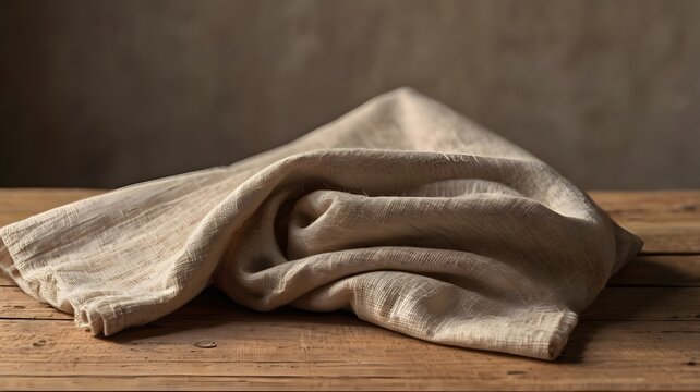 Soft Natural Linen Fabric Folded on Rustic Wooden Table