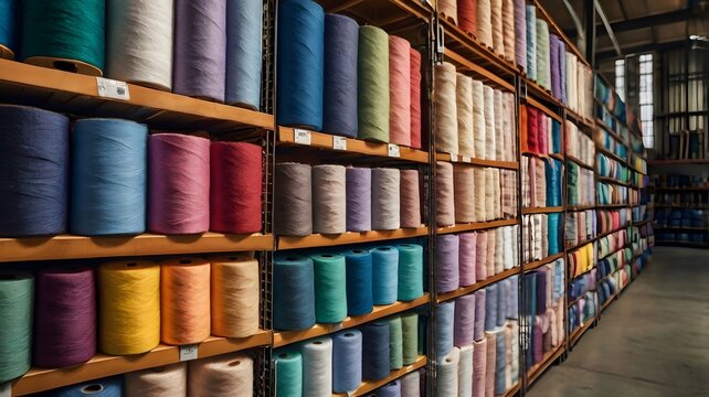 Large Textile Warehouse Filled with Colorful Yarn Spools