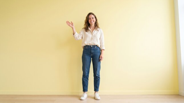 Woman standing hand raised waving smile yellow wall casual indoor, cheerful adult female standing with raised hand, waving against yellow wall in casual clothing, full body portrait with copy space