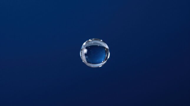 Water droplet suspended air blue liquid sphere macro transparent reflection droplet floating on dark blue background with clean minimal studio style and glossy surface tension