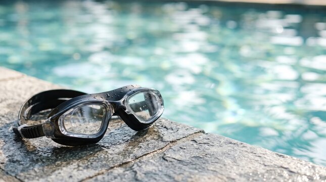 Swimming goggles pool water edge lens black wet reflection tile outdoor resting on textured border beside clear blue swimming pool water