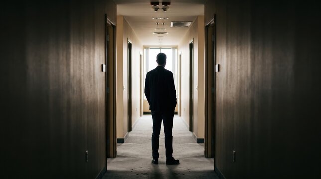 Man office door hallway choice silhouette business corridor standing decision