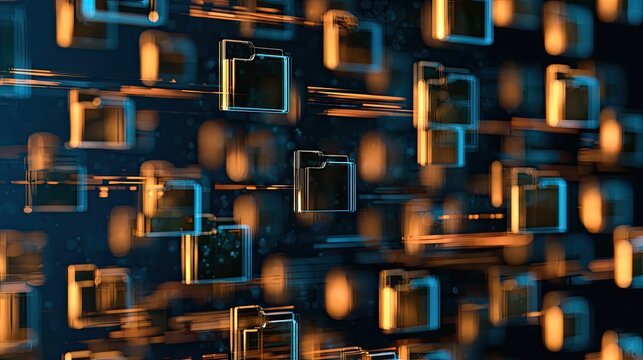 Digital folders floating in a dark, glowing, futuristic data stream