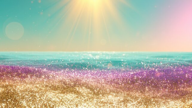 Sparkling beach with golden sand, turquoise sea, and bright sunrays
