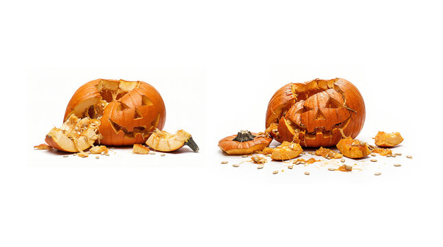 Two Smashed and Broken Halloween Jack-o'-Lantern Pumpkins Isolated on a White Background