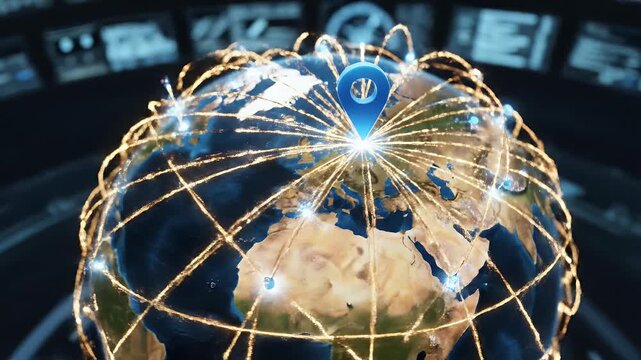 Global network connections emanating from a central point on Earth