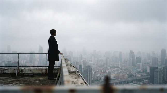 Businessperson city skyline rooftop fog urban suit man view contemplation standing near railing above misty metropolis with calm mood and distant high rise building