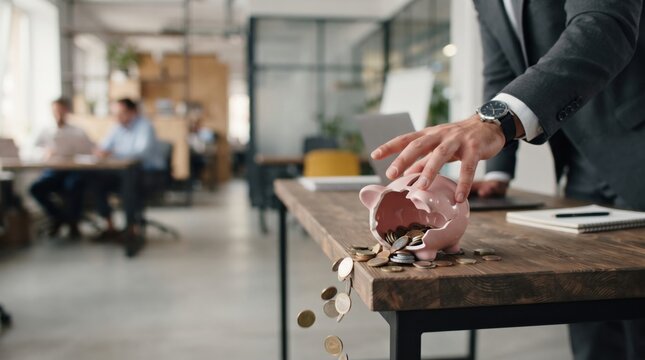 Businessman piggy bank coin broken finance saving office crisis spilling money on desk financial loss concept with blurred team in modern workplace