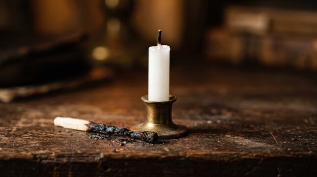 Burnt matchstick unlit candle wooden table wax flame smoke ash brass holder rustic scene with dark background and quiet mood