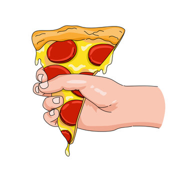 hand holding slice of paperoni with melted cheese pizza like a bucket illustration