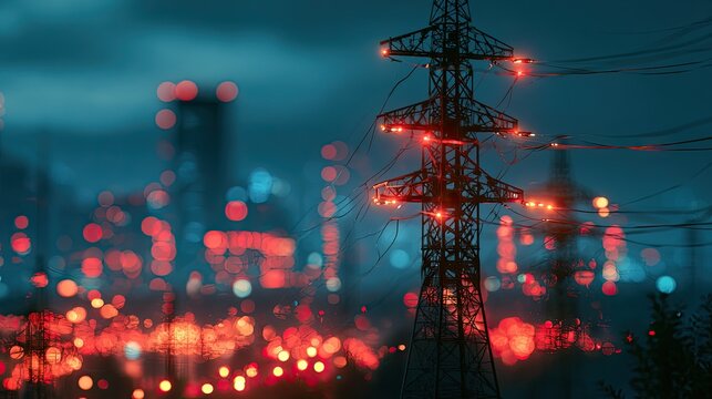 Towering electricity pylon illuminated by glowing red lights against blurred city glow