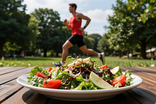 Healthy Fresh Salad Bowl with Blurred Jogger Running in the Park Concept Background
