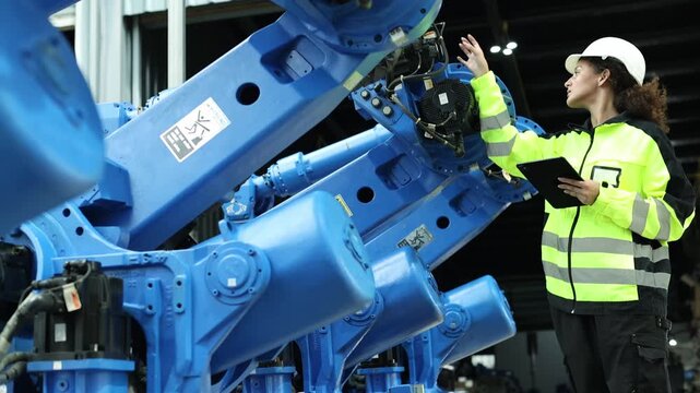 Female robotics engineer inspects the pivot point electric welding robot in front factory where robot arms are assembled and electronic components are installed using tablet record data.
