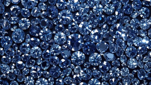 Collection of sparkling blue diamonds arranged elegantly, brilliant facets reflecting dramatic studio light, intense sapphire-blue highlights, luxurious gemstone texture, 4K video