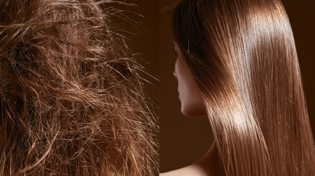 Split image shows damaged, frizzy hair contrasted with smooth, shiny, healthy hair