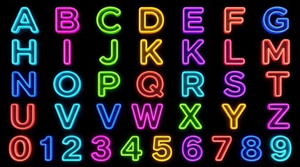 Neon alphabet and numbers set glowing on black background features vibrant colors for nocturnal events and futuristic branding. © Nafish