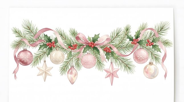 Watercolor christmas garland featuring elegant pastel ornaments pine branches red berries and soft pink ribbons isolated on white paper background