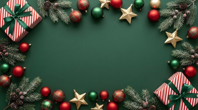 Festive christmas background featuring elegant red green ornaments shiny gold stars and wrapped gift boxes on a deep emerald surface