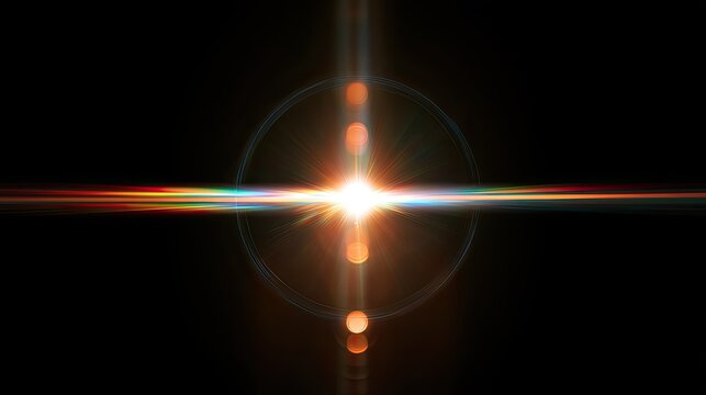 Bright starburst with colorful light streaks and circular lens flare on black