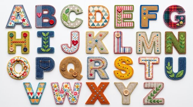 Embroidered fabric alphabet letters with stitched patterns buttons and floral motifs for educational sewing projects and decor.