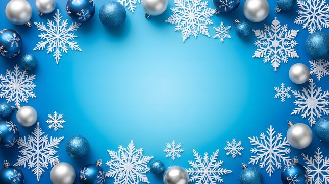 Shiny blue and silver christmas ornaments arranged with intricate white snowflakes on a vibrant cyan background for winter holiday season