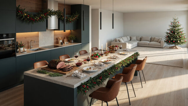 Christmas dining table holiday dinner festive decoration modern kitchen family celebration roast meat wine glass candle light cozy home winter season Messy kitchen after Christmas dinner concept
