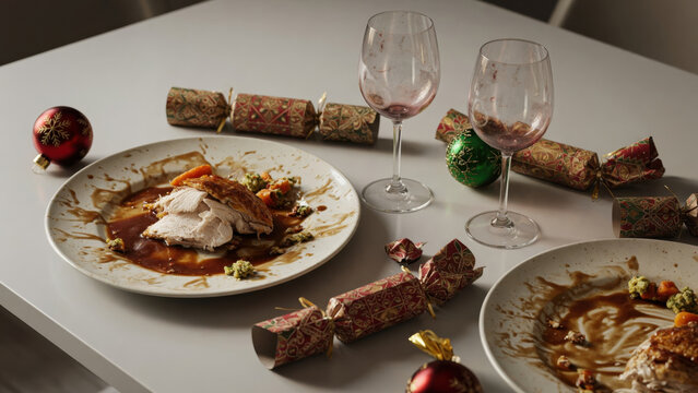 Christmas dinner table leftover turkey gravy cracker glass ornament celebration messy festive holiday sadness and warmth linger Messy kitchen after Christmas dinner concept